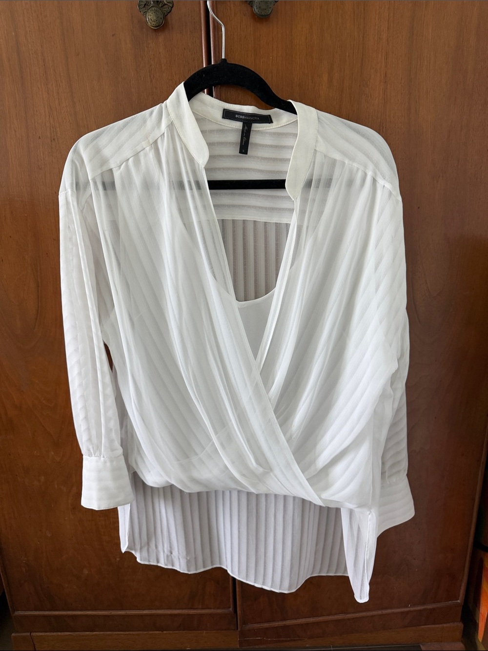 BCBGMaxAzria White Sheer Draped Wrap Blouse